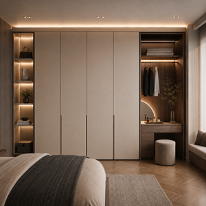Armoire avec portes neutres chaudes, une niche de rangement en bois foncé et un espace de rangement pleine hauteur - Product Image 1