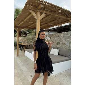 Robe mini noire en crochet coupe trapèze avec col carré, style élégant pour fêtes et clubs, décorations à fermeture éclair, fentes transparentes, taille XS - Product Image 5