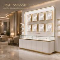 Vitrine de présentation de bijoux haut de gamme avec finition or brossé, vitrine murale blanche avec éclairage LED intégré pour magasin de bijoux