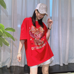 T-shirt da donna europea e americana con diamanti, a maniche corte, estiva, alla moda, ampia, in cotone ed elastan, stile coreano, <span class=keywords><strong>anime</strong></span> - Product Image 4