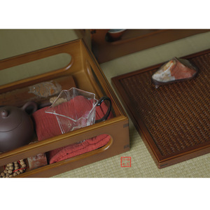 Bamboo Tea Set Storage Box <b>Square</b> Double Layer Dustproof Desktop Rack For Tea Display And Storage - Product Image 3