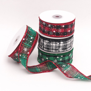 Pita Natal Bermotif Kotak-kotak Salju, Pita Tartan Linen Imitasi dengan Motif Salju untuk Pembungkus Kado Natal, Pita DIY - Product Image 1