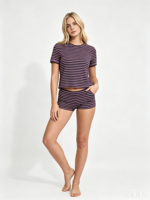 Kaos Crop Wanita Bergaris Bahan Katun Lengan Pendek Slim Fit Y2K Musim Panas Kasual OEM Pabrik