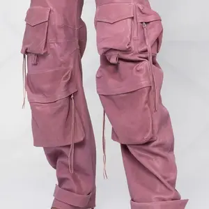 Pantalones Cargo de cintura alta para mujer con bolsillos multiusos, pierna recta, estilo Punk, piel sintética rosa, pantalones apilados holgados, Hip Hop
