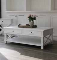 Table basse en bois massif de luxe au design moderne avec 2 tiroirs et pieds croisés, style côtier moderne
