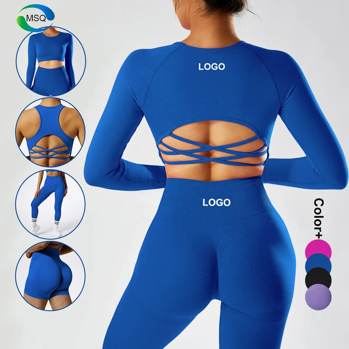 Ingrosso Set Fitness con Logo personalizzato palestra donna Yoga Leggings manica lunga Top sport reggiseno Yoga due pezzi Set di allenamento per le donne