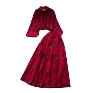 Французская Ретро замысловатая ажурная кружевная блузка с рукавами-фонариками короткая блузка с высокой талией Расклешенная юбка миди осенний комплект из 2 предметов - Product Image 5