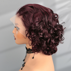 <span class=keywords><strong>Parrucca</strong></span> Bob Pixie Cut Ricci Corti 13x4 99j Bordeaux Rosa con Pizzo Frontale, Capelli Umani Brasiliani Remy per Donne Nere - Product Image 1