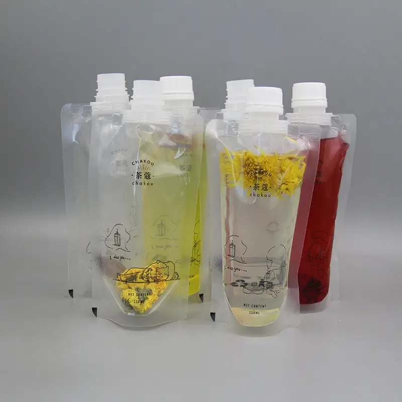प्लास्टिक पारदर्शी पेय खाद्य ग्रेड 500 मिलीलीटर पैकेजिंग जूस स्पष्ट तरल टोंटी थैली
