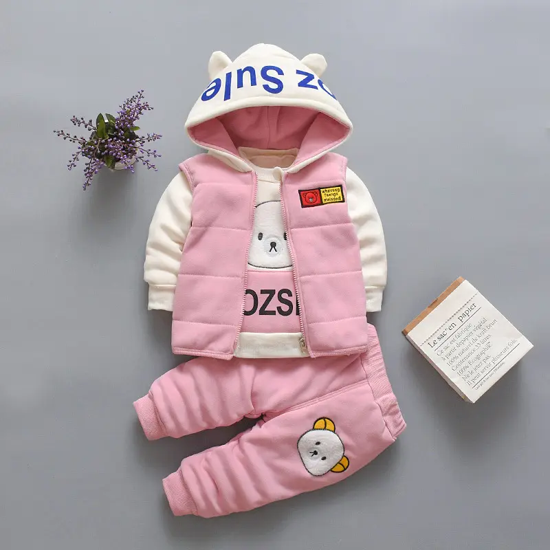 2021 New Winter Baby Mädchen Kleidung Anzug Cartoon Bären muster Samt Dicke Reiß verschluss Weste 3 Stück Jungen tragen Kinder Kleidung Set