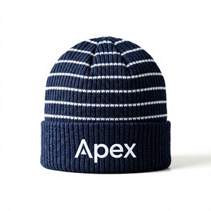 Men's <b>Navy</b> Striped <b>Beanie</b> Hat Knit Cuffed Winter Cap Unisex Streetwear Skull Cap Custom Logo Wholesale Fashion Accessory - Product Image 1