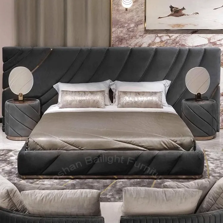 Роскошный стильный набор мебели для спальни, Современная тканевая очень высокая прикроватная кровать размера «king-size»