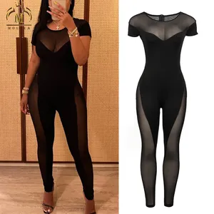 Grosir pakaian wanita lengan pendek melihat melalui perca satu potong ramping Fit Mesh jumpsuit dan Romper untuk wanita