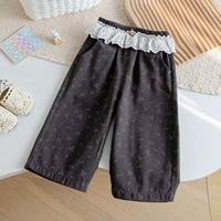 Pantalon large en coton à imprimé floral et bordure en dentelle pour filles, style coréen, doux et chic, décontracté, printemps/automne