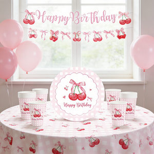 Ensemble de vaisselle sur le thème des fruits DAMAI avec motif cerise Comprend des assiettes en papier rondes, des gobelets, des serviettes Sert 8 personnes - Product Image 1