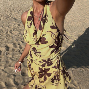 Robe à bretelles en maille à imprimé floral pour femmes, col en V, taille plissée, jupe trapèze, style décontracté pour les vacances - Product Image 6