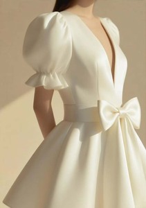 Đầm mini xếp tầng eo thắt nơ tay phồng cổ chữ V sâu màu trắng thanh lịch bán chạy - Product Image 5