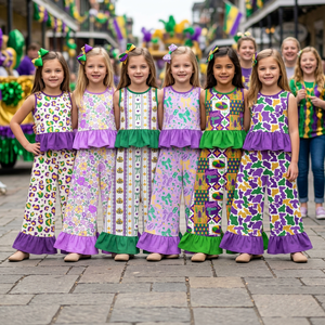 Conjunto de 2 Piezas para Niñas, Primavera, Top sin Mangas con Volantes y Pantalones Anchos, Estampado de Mardi Gras, Personalizable - Product Image 1