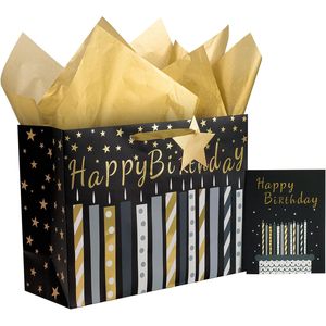 Birthday Gift Bag With Card And <b>Tissue</b> <b>Paper</b> <b>Black</b> Gold Foil Candle Design Ribbon Handle Art <b>Paper</b> 16 In - Product Image 1