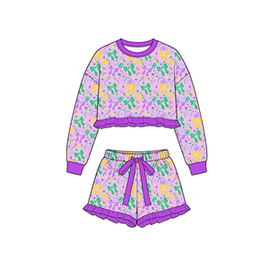 Preorder Girls Mardi Gras Print Long Sleeve Top Ruffle <b>Shorts</b> 2Pcs Set Boutique Outfit for <b>Toddler</b> Kids - Product Image 3