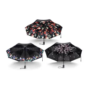 Auto Open Women Girl Mini Luxury Rose Small Double Black Printed Flower Folding Umbrella