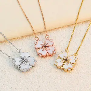Women's Daily Wear Gold Plated Copper Pendant Necklace Fashion Jewelry With Magnetic Clover And Cubic Zirconia For Women
