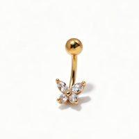 Cincin Pusar 14G Paw Flower Leaf CZ dari Baja Anti Karat, Perhiasan Tindik Pusar yang Ramping untuk Wanita