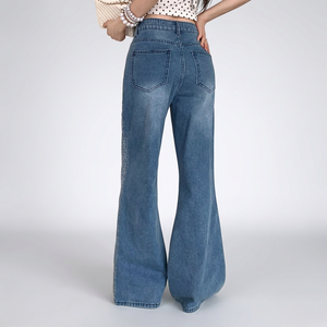 Jeans en denim premium pour femme, coupe ample, taille mi-haute, jambe large, ornés de strass, écologiques, avec logo personnalisé, fabricant OEM ODM en gros - Product Image 5