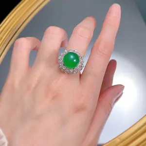 S925 cincin batu akik 12mm wajah telur besar, gaya tempramen giok hijau es mewah perak