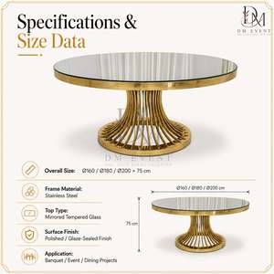 Table de mariage ronde sur piétement en acier inoxydable doré personnalisé avec plateau en verre trempé miroir pour la location événementielle - Product Image 5
