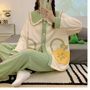 Lente Meisje Slaap Lounge Kleding Geribbeld Huis Kleding Shirt Nachtkleding Pjs Piyama Tidur Korea Katoenen Pyjama 2 Stuk Pyjama Voor Vrouwen