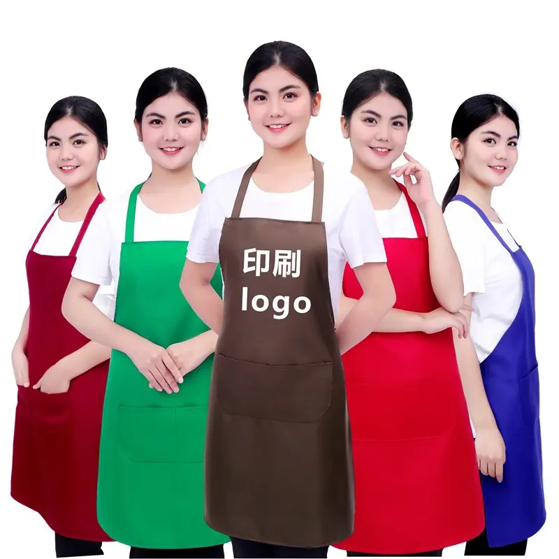 Celemek iklan Logo kustom pola cetak celemek seragam Halter poliester pinggang warna polos