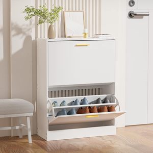Mobiletto Portascarpe Bianco Sottile con Cassetti a Ribalta, Organizzatore per Scarpe a 2 Ripiani Autoportante per Ingresso e Soggiorno - Product Image 1