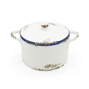 White Retro Good quality Antique Vintage kitchen 9 inch double ears food safe porcelain enamel bowl cooking soup pot