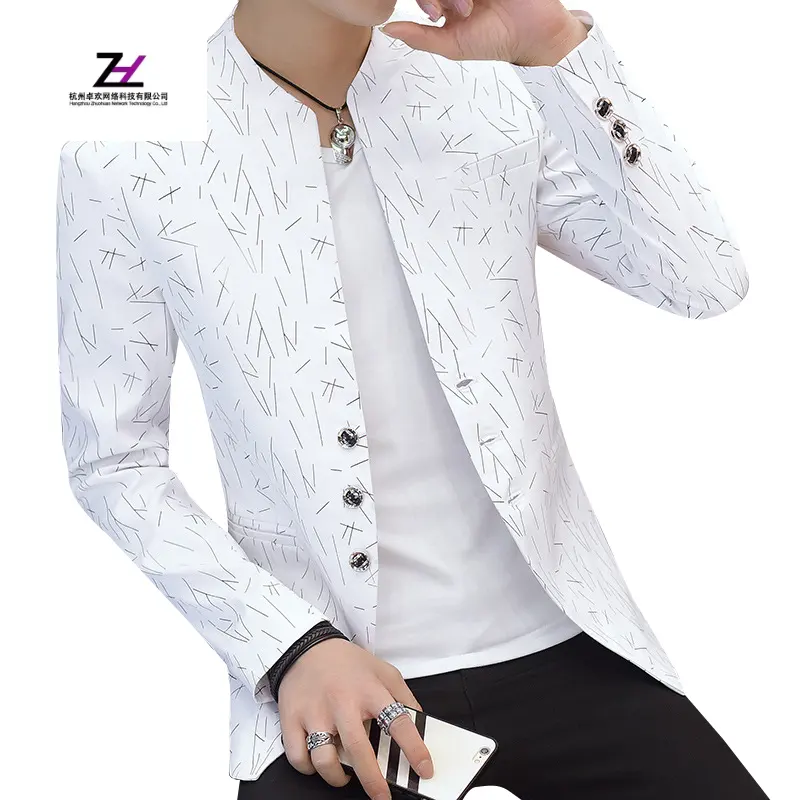 Wholesale Men's Casual V-neck Light Blazers Fashion Slim White Black Print Suit jackets
