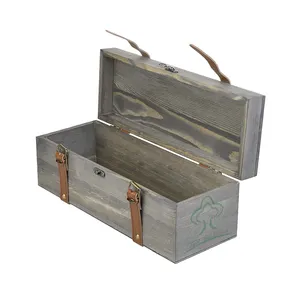 Vintage Grey Wood Box With Leather Clasps Single Bottle Wine Gift Box