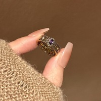 Bague Rétro Noire et Or Géométrique Creuse avec Diamant Violet, Design de Mode Niche, Style Doux et Tendance, Ensemble de Bagues d'Index