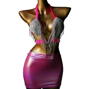 Novance Best Verkopende Producten 2023 Hot Design Glanzende Franjes Roze Tweedelige Set Vrouwen Kleding Sexy Club Voor Podiumvoorstelling