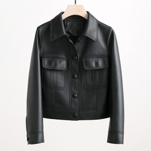 Offre Spéciale Moutons En Cuir Crop Veste Tournent Vers Le Bas Populaire Véritable Veste En Cuir Femmes - Product Image 1
