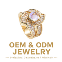 Bague Fleur Plaqué Or Éblouissante Tendance avec Cabochon Pierre de Lune et Zircon Cubique Baguette Coloré Sertie Pavé, Bijou Femme Idéal Cadeau