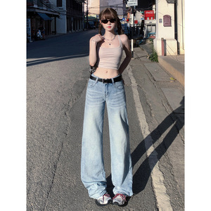 กางเกงยีนส์ทรงตรงสไตล์คาร์โก้สำหรับผู้หญิง ใส่ได้ทุกโอกาส ฤดูใบไม้ผลิ-ฤดูร้อน ระบายอากาศได้ดี ทรงสกินนี่และแบ็กกี้ ไซส์ XL สีฟ้าอ่อน เอวต่ำ ผ้าฝ้ายเดนิม - Product Image 4