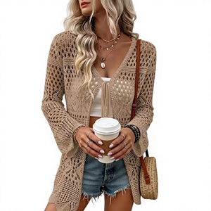 Cárdigan de punto calado para mujer, manga larga acampanada, con lazo frontal, estilo abierto, para playa, venta al por mayor - Product Image 3