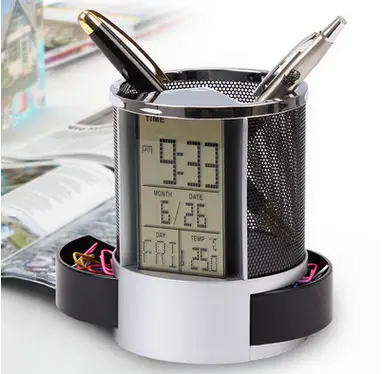 Promotional Business Gift Pen Holder Metal with Time Calendar Desktop Pen Organizer