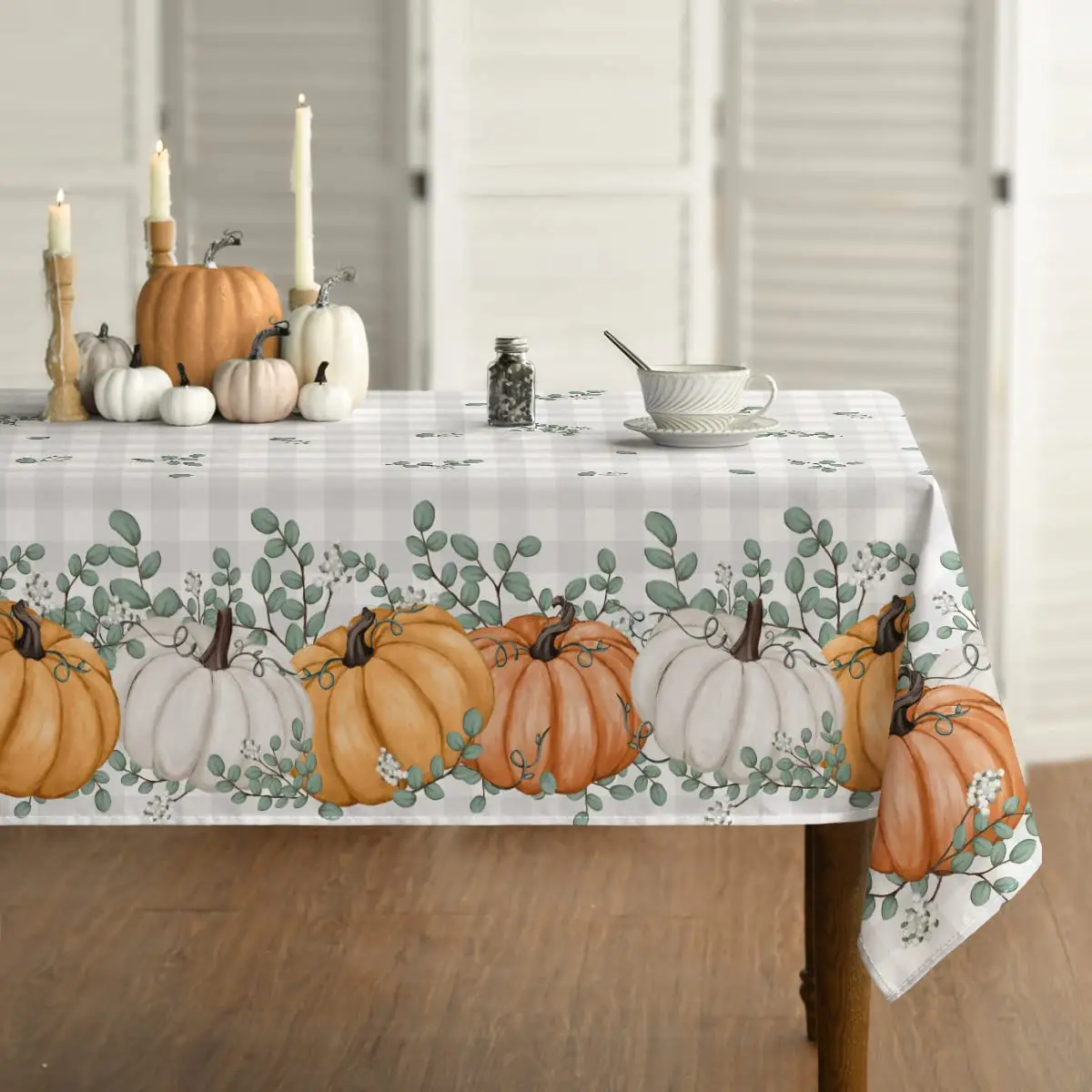 Nappe d'automne 60x84 pouces Thanksgiving automne récolte citrouille champignon noir Buffalo Plaid couverture de Table pour la fête