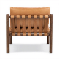 Fauteuil d'appoint en bois massif avec coussin en cuir véritable beige, base à sangles en cuir tressé, style rétro, profil bas, mobilier de salon individuel