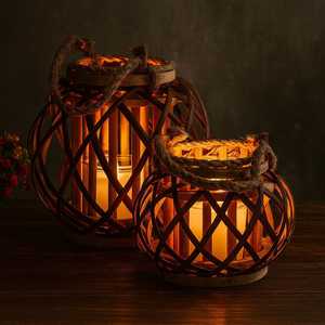 Handmade Woven <b>Bamboo</b> <b>Lantern</b> with Glass Insert and Rope Handle Bohemian Home Decor Vietnam Supplier Manufacturer - Product Image 1