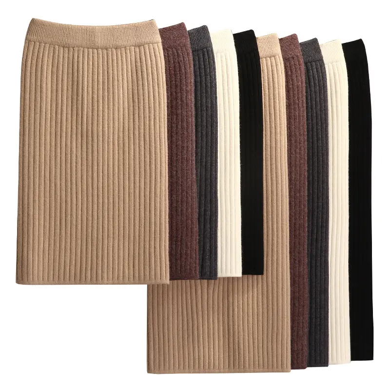 60-80CM Elastic Band Women Skirts Autumn Winter Warm Knitted Straight Skirt Ribbed Ribbed Mid-Long Skirt