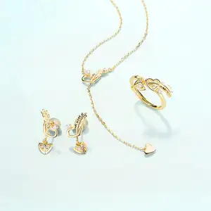 Set Perhiasan Lapis Emas untuk Wanita, Set Perhiasan Perak Berkilau 925 Hati Panah untuk Wanita