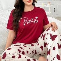 Piyama Wanita Ukuran Besar Kerah Bulat Lengan Pendek Celana Panjang Baju Tidur Bermotif Set Piyama 2 Potong Lembut dan Longgar