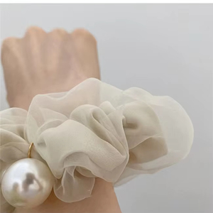 Wholesale Fashion Women's Fabric Mesh Elastic Bands & Scrunchies Hair Band With Pearls - Product Image 4